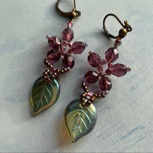 Purple flower leaf beaded earrings from miyuki